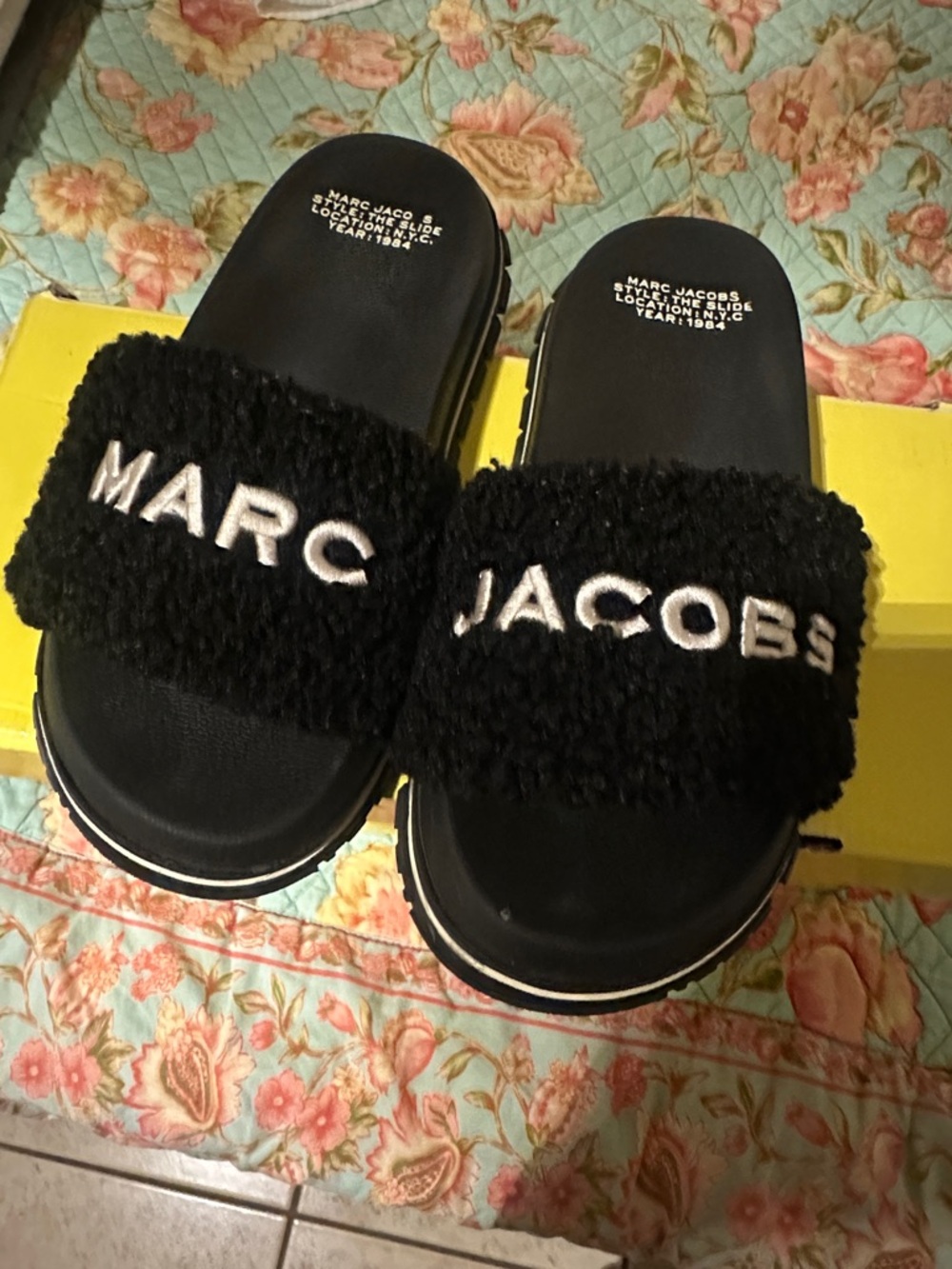 Marc Jacobs Women's Black Fuzzy Logo Slide Sandals